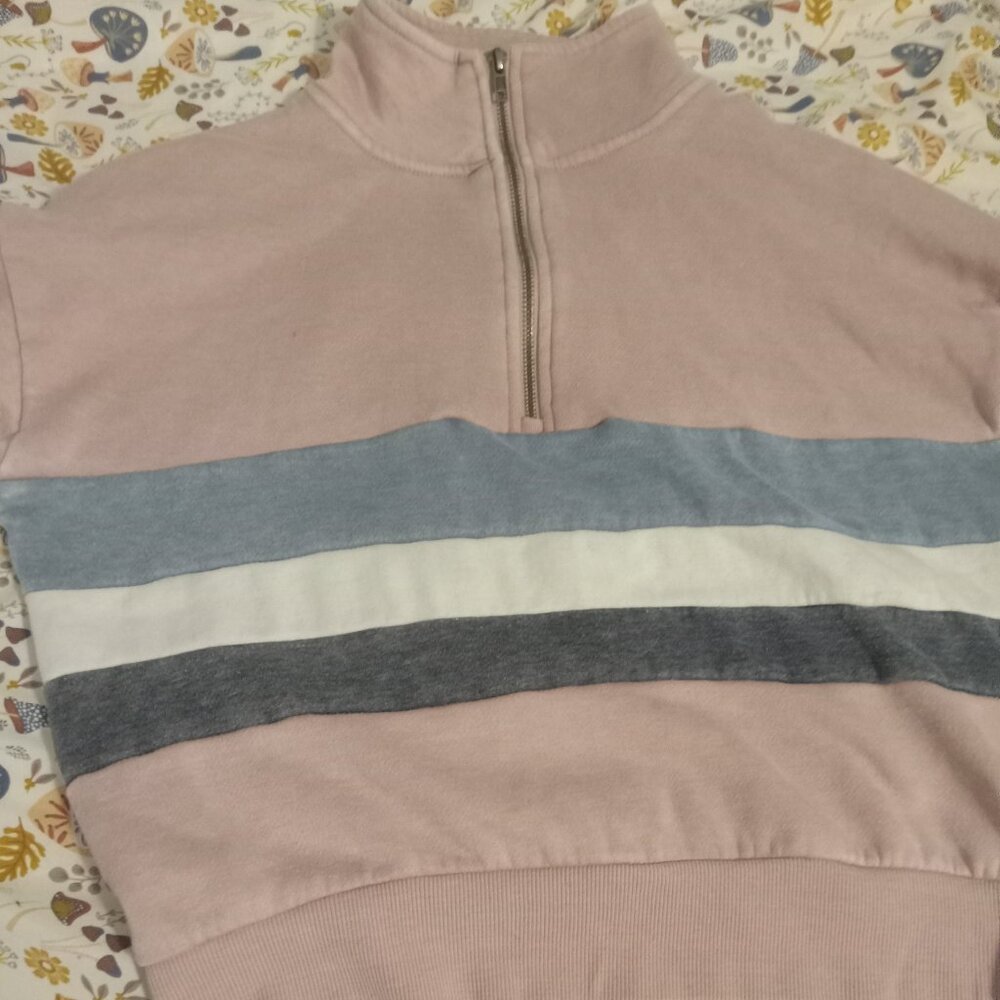 Pink rose light pink soft sweater with blue and white stripes. size small.